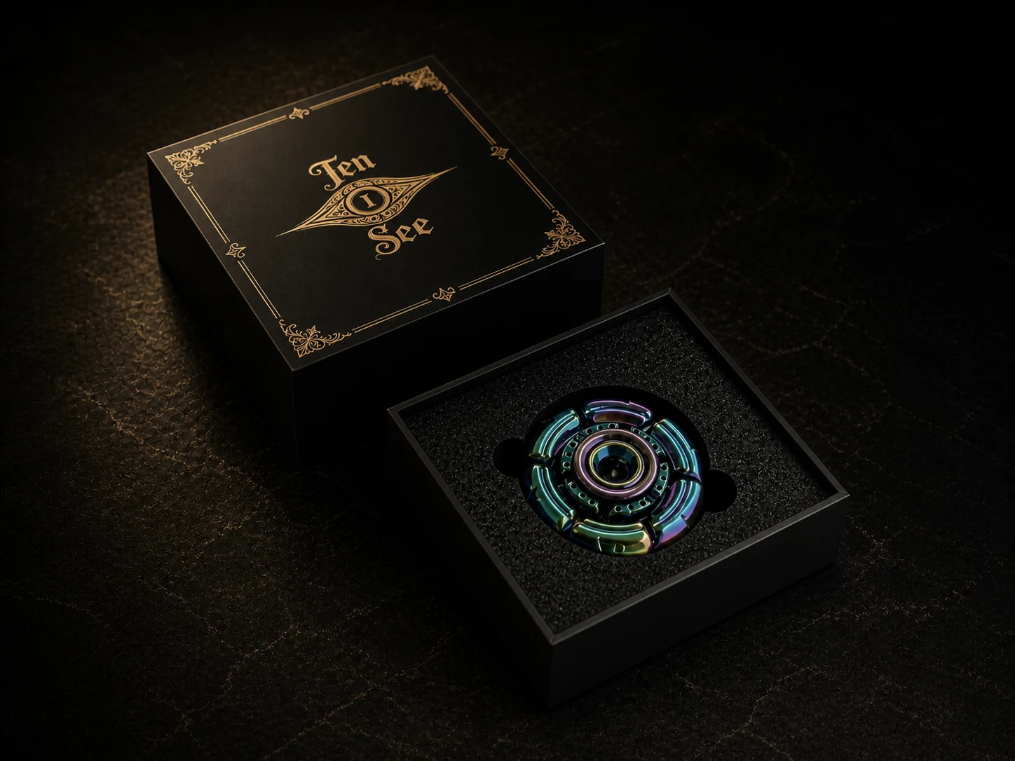 Open matte-black TEN I SEE presentation case with charcoal foam and VORTX I spinner inside