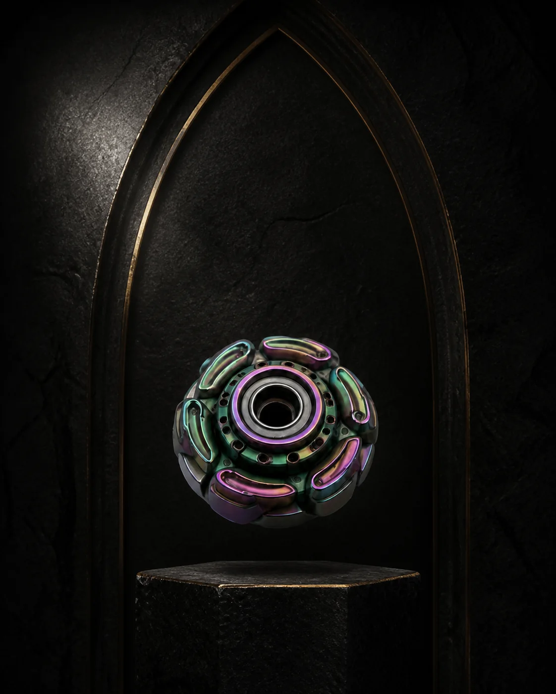 VORTX I iridescent six-lobed spinning object displayed within a dark stone niche