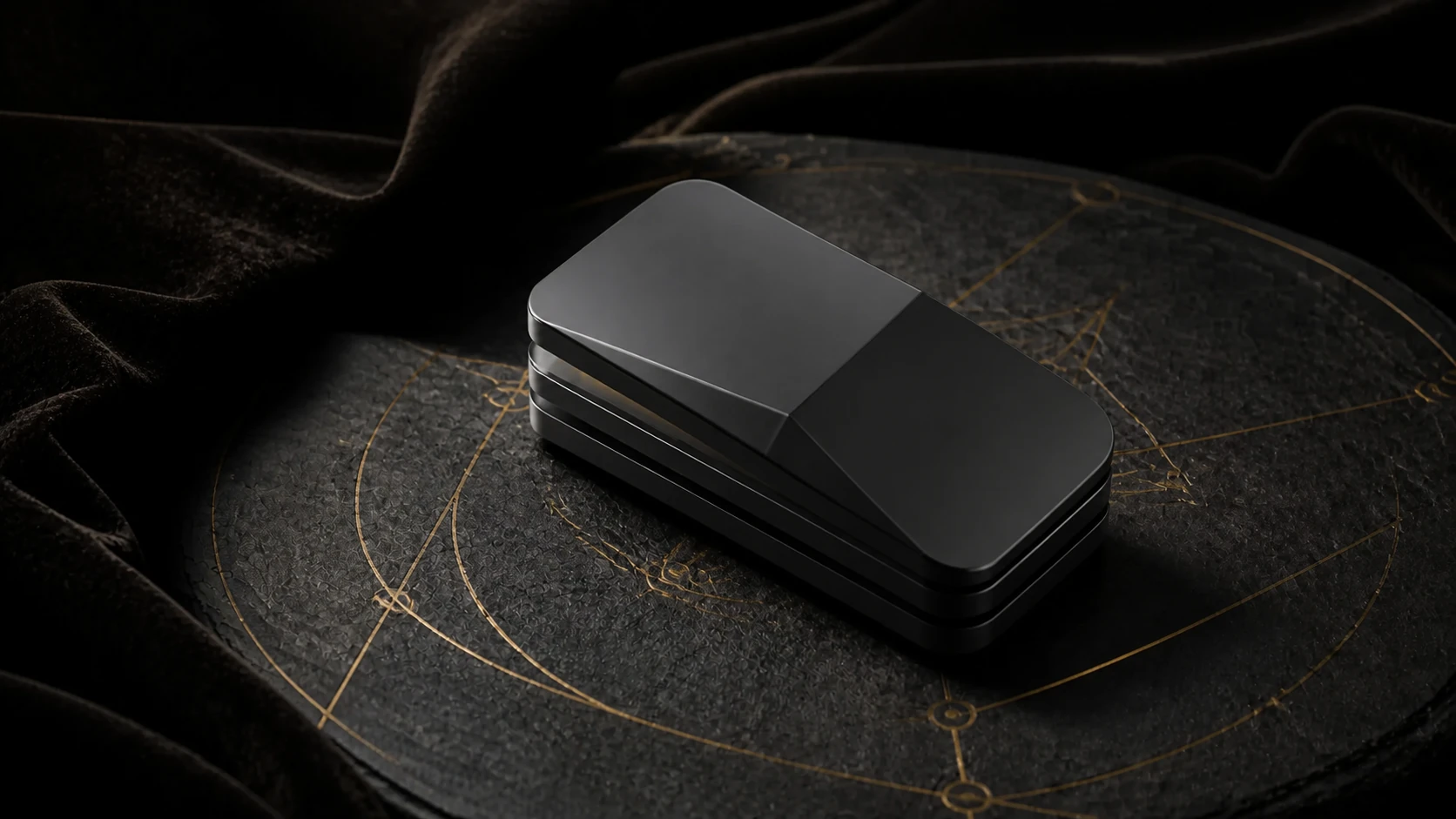CYBR I black layered cyber slider displayed on an obsidian ritual disc with aged-gold engraving
