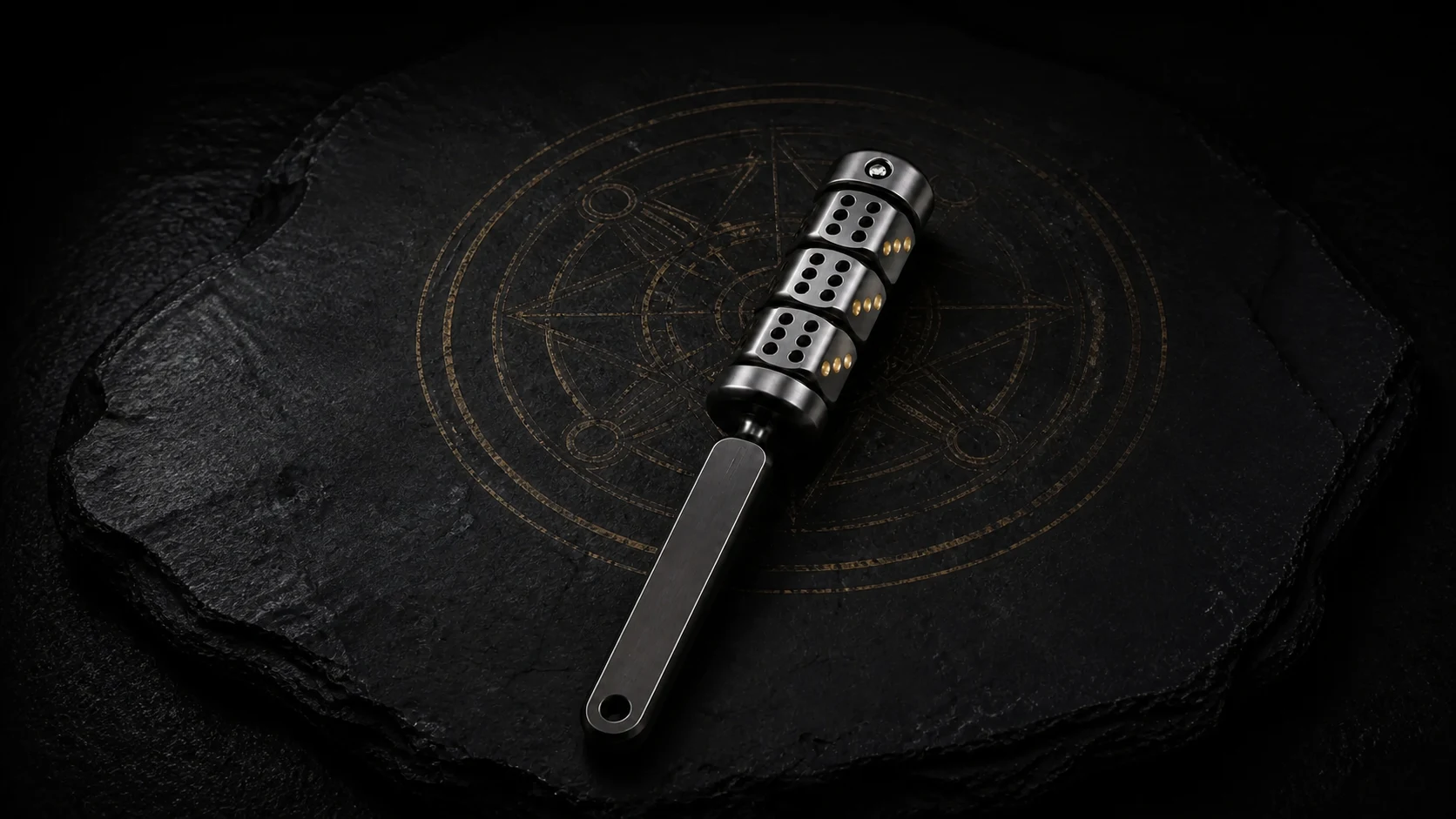ØDDS 777 three-chamber metal kinetic object on a black stone ritual surface