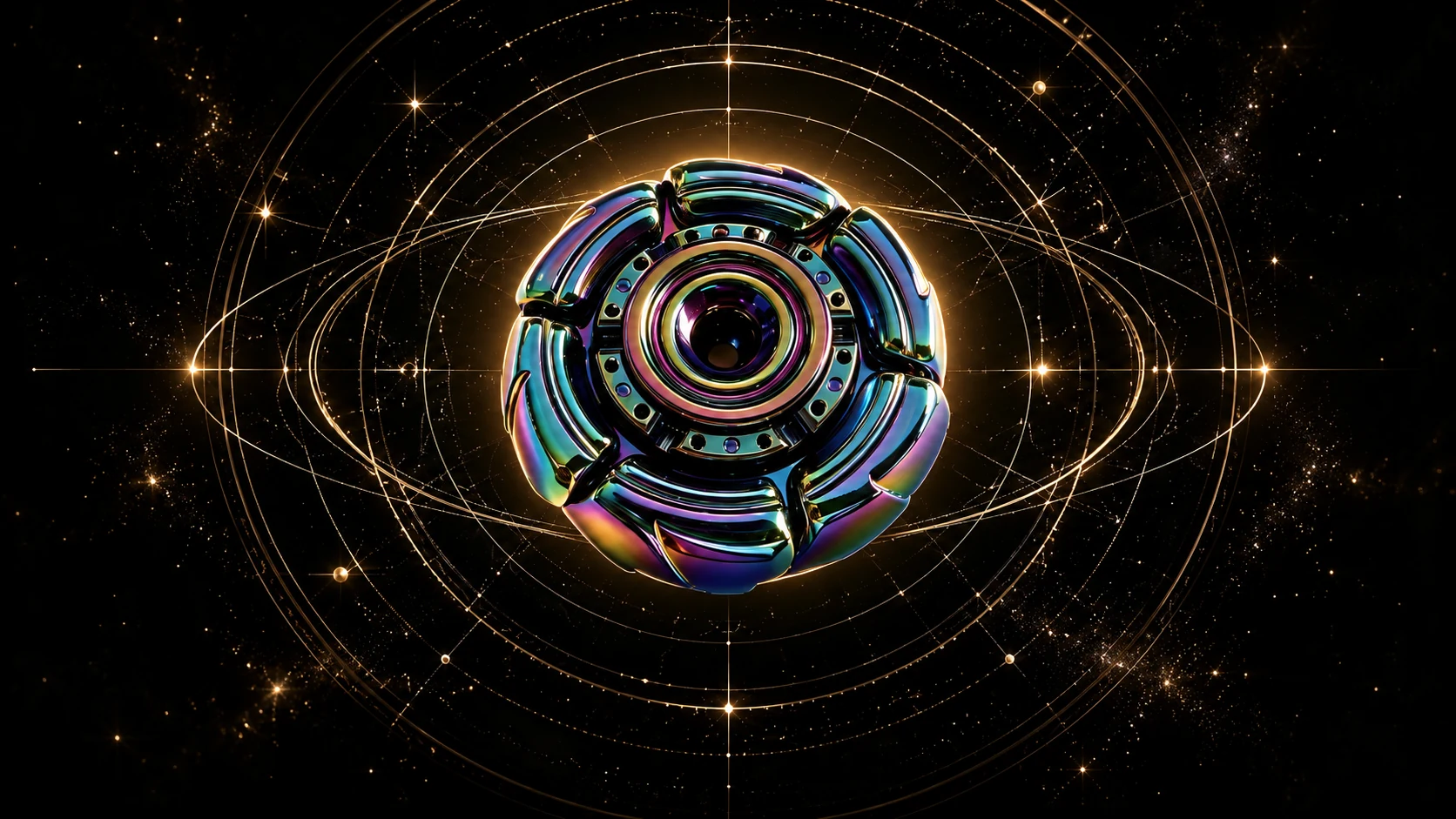 VORTX I iridescent six-lobed spinning object in a dark sculptural setting